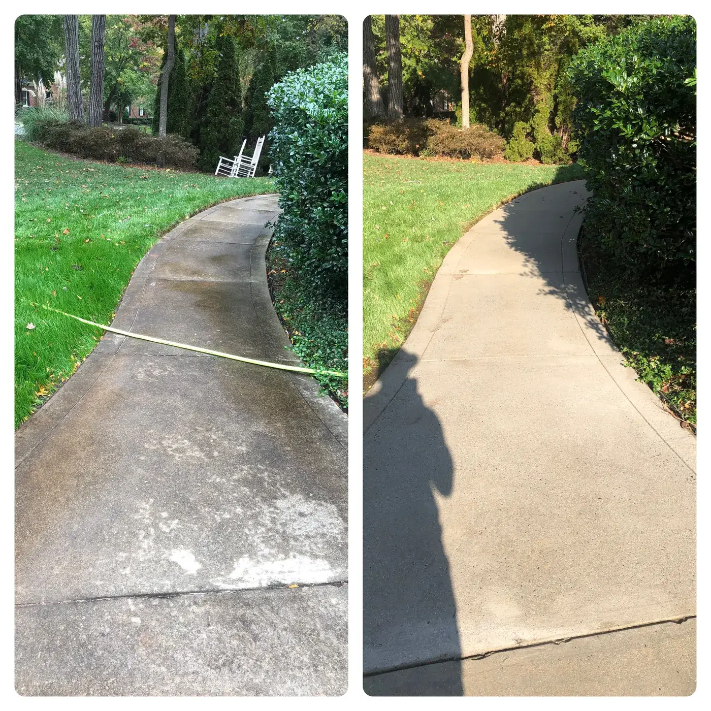 Before and after curved sidewalk cleaning