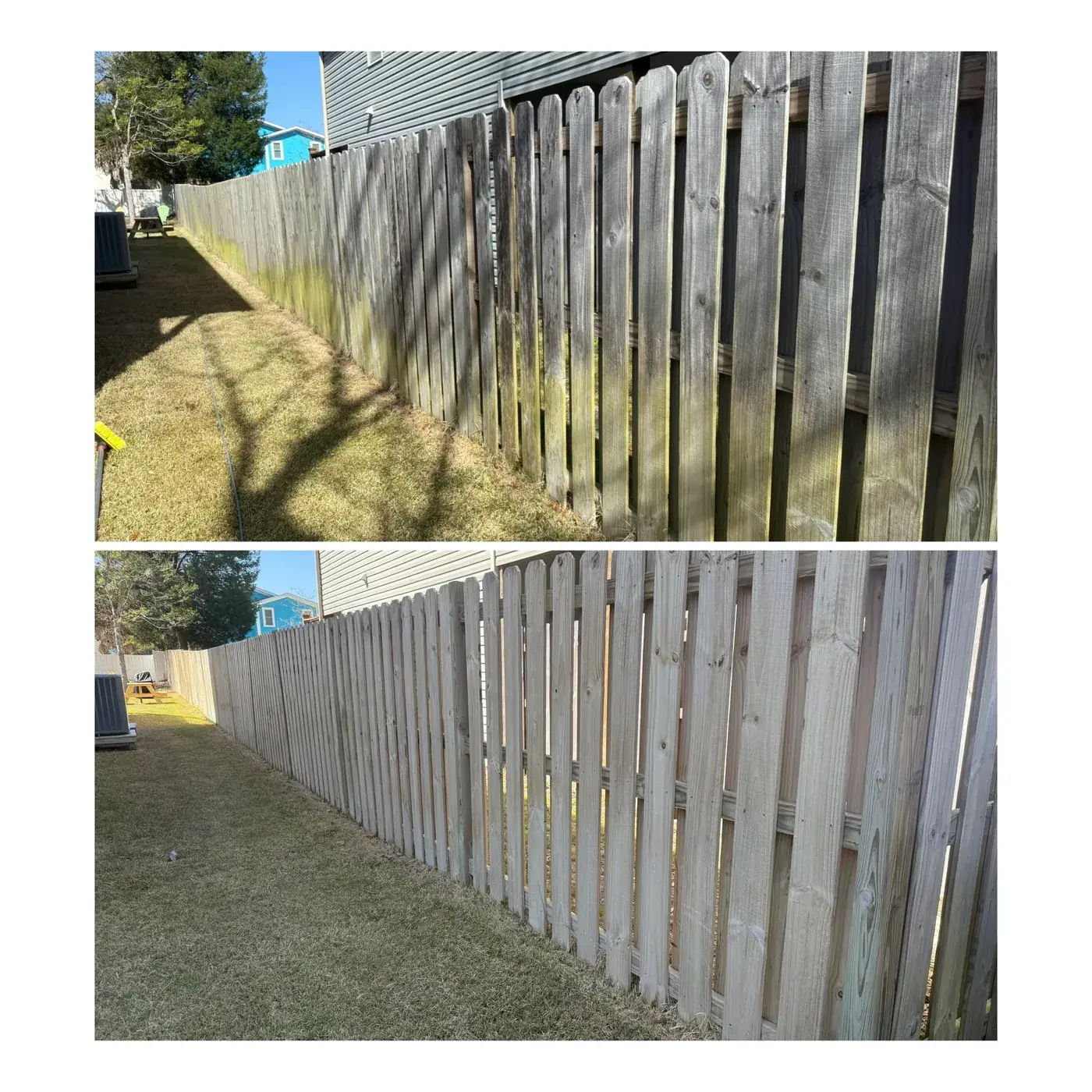 Before and after wood fence pressure washing